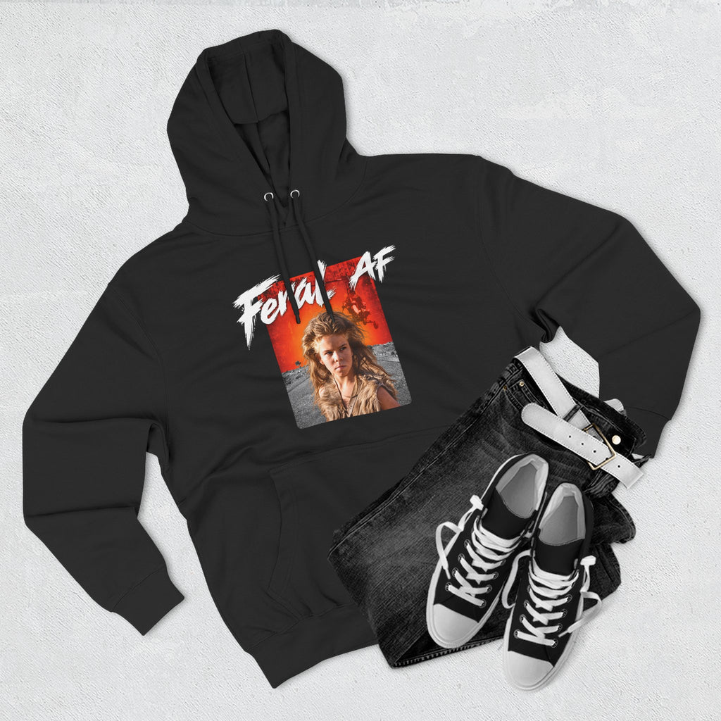 Black Feral AF hoodie styled flat alongside folded jeans and black canvas sneakers