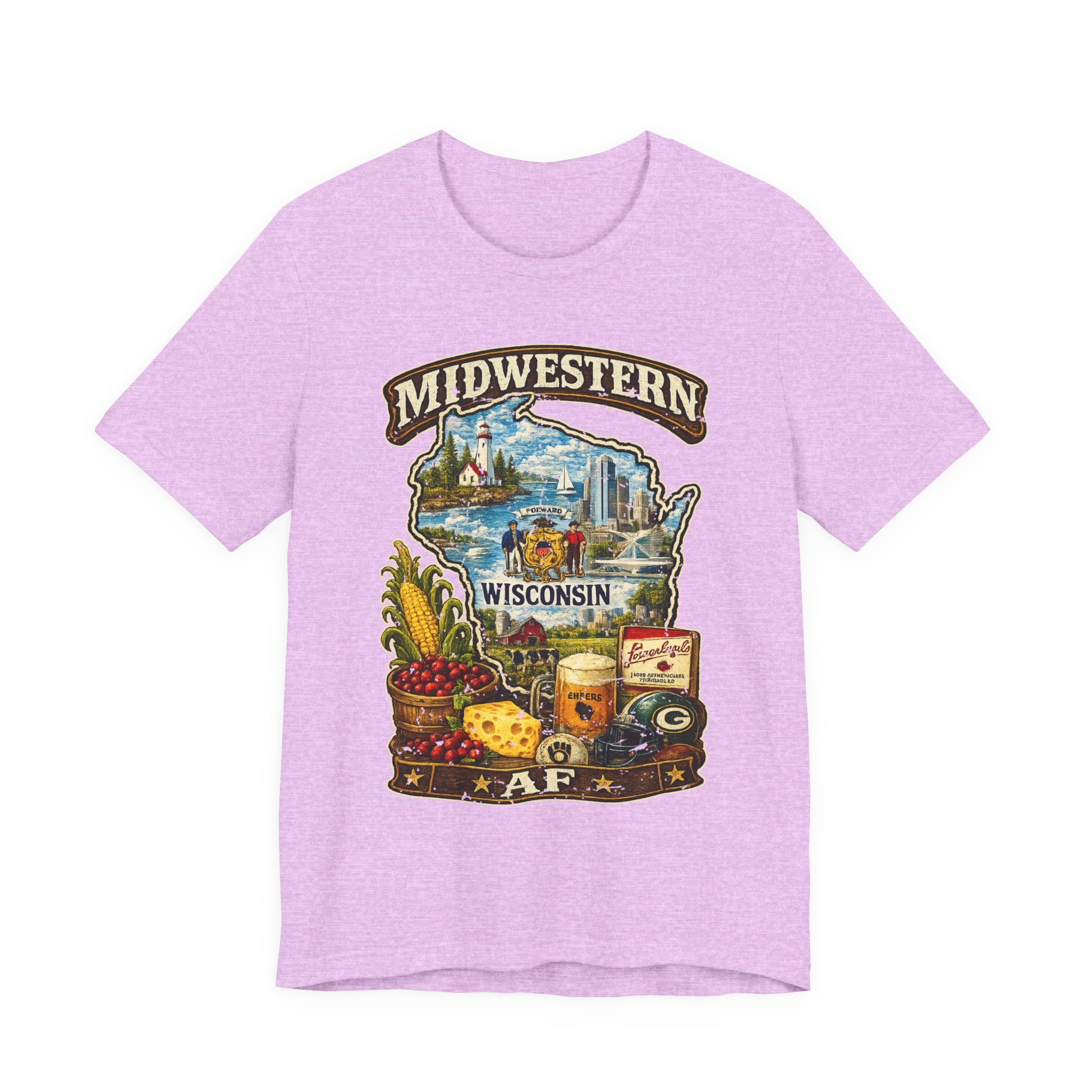 Heather Prism Lilac Midwestern AF Wisconsin T-Shirt, family friendly Cheesehead State pride tee