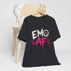 Vintage Black EMO AF tee on a wooden hanger beside a chair