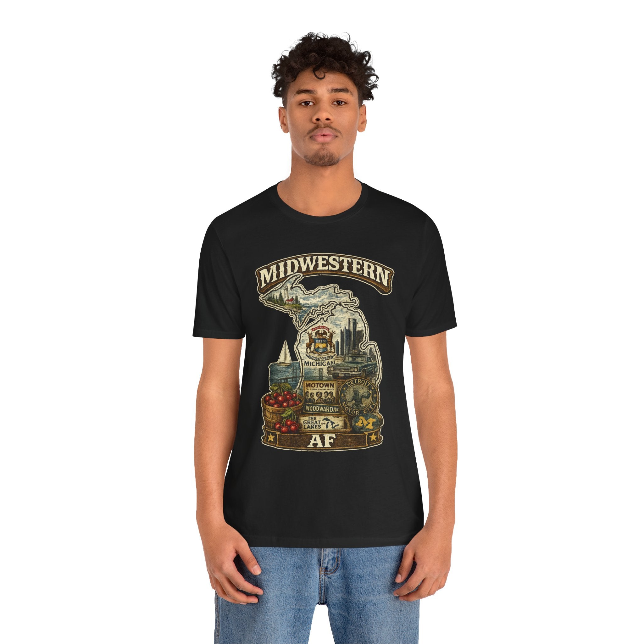 Family Friendly Midwestern AF Michigan T-Shirt – product photo 7 featuring a distressed vintage design featuring Michigan's Upper and Lower Peninsulas overlaid with the state outline, surrounded by Detroit's skyline, Woodward Avenue, the Great Lakes, and Traverse City cherries