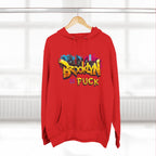 Red Brooklyn As Fuck hoodie on a wooden hanger, front view, with graffiti-style lettering and a colorful NYC skyline print.