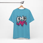 Heather Aqua EMO AF T-Shirt on a wooden hanger, showing the full front print