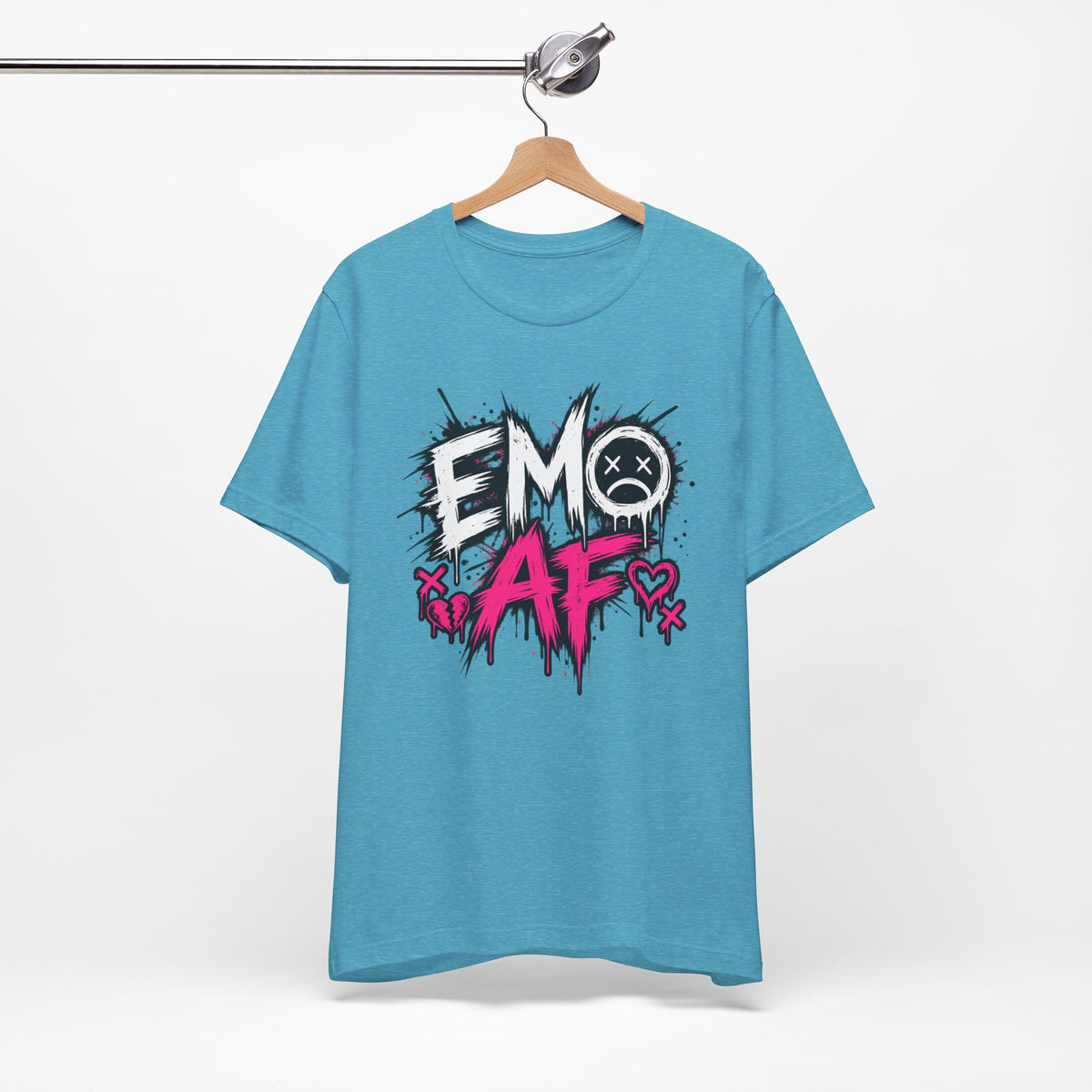 Heather Aqua EMO AF T-Shirt on a wooden hanger, showing the full front print