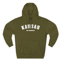 Army green personalized Kansas hoodie laid flat, white varsity KANSAS above a FORT LEAVENWORTH line