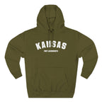 Army green personalized Kansas hoodie laid flat, white varsity KANSAS above a FORT LEAVENWORTH line
