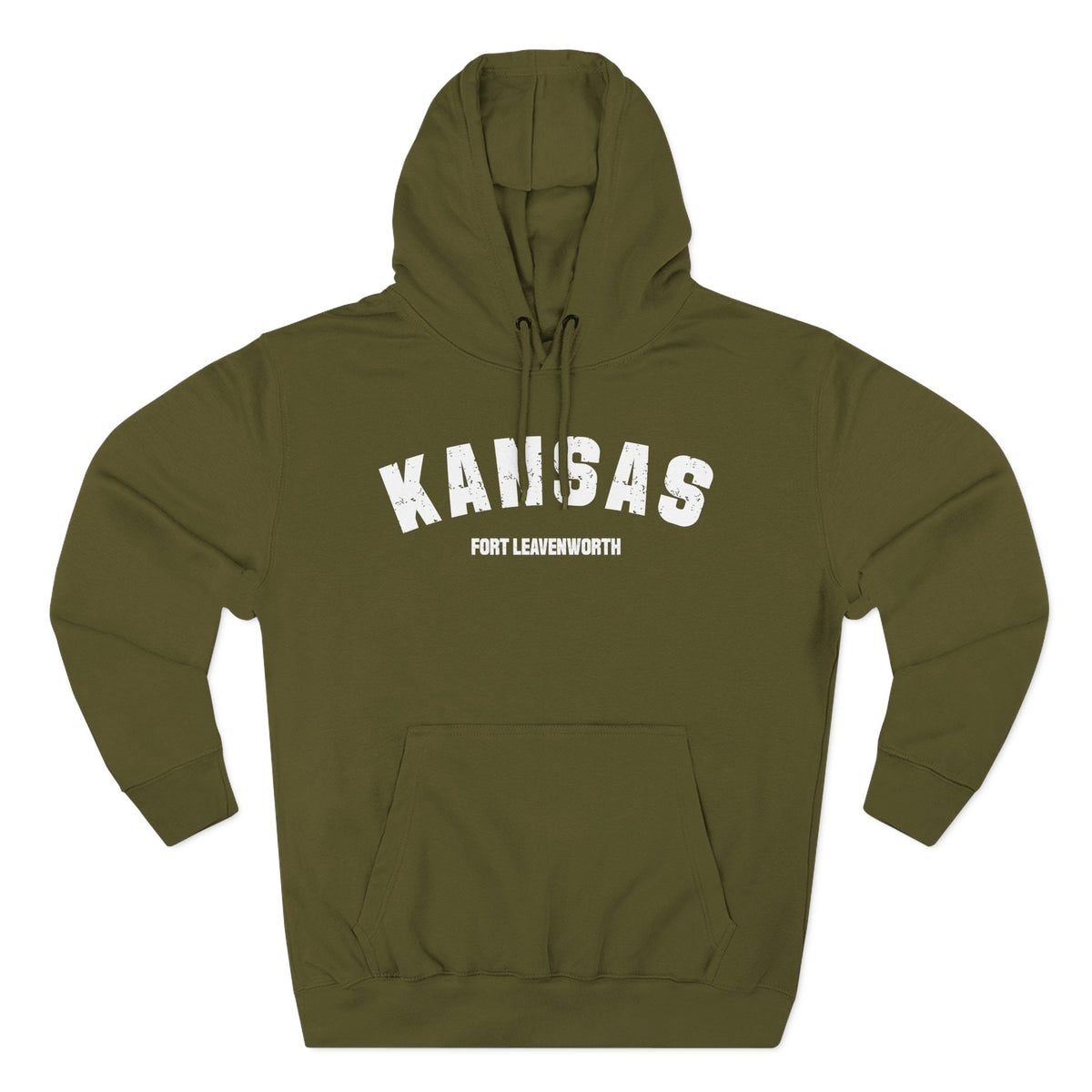 Army green personalized Kansas hoodie laid flat, white varsity KANSAS above a FORT LEAVENWORTH line