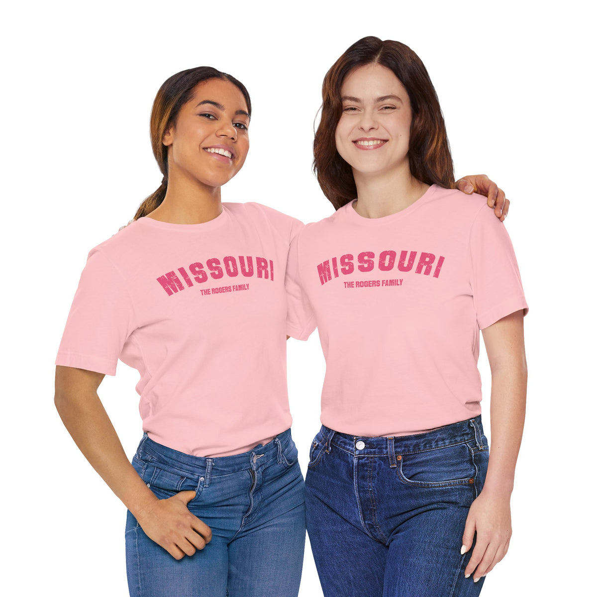 Two women in pink Missouri tees printed THE ROGERS FAMILY under varsity MISSOURI