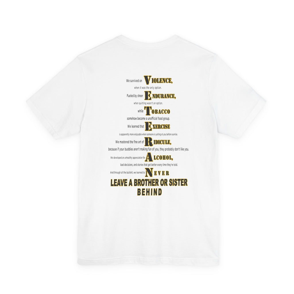 Army veteran T-shirt in White showing the full VETERAN acrostic back print