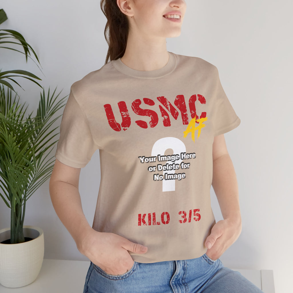 Woman wearing the personalized USMC Marine Corps AF T-shirt in Tan