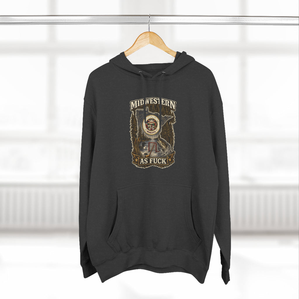 No Filter Midwestern As Fuck Minnesota Hoodie – product photo 17 featuring the distressed state flag, pine trees, loon and walleye design