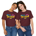 Maroon t-shirts worn by two female models, front view, featuring graffiti-style Brooklyn AF lettering over a skyline.