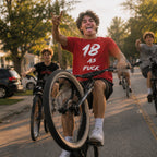 Teenager in the red 18 AS FUCK tee riding a bike down a street with friends, arm raised