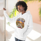 Woman wearing the white Kansas As F**K hoodie outdoors in warm afternoon light