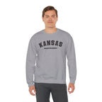 Male model in the sport grey personalized Kansas crewneck printed KANSAS over MIDWESTERN GOODBYE