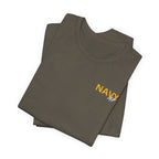 Navy veteran T-shirt in Army green shown folded with the gold NAVY chest print