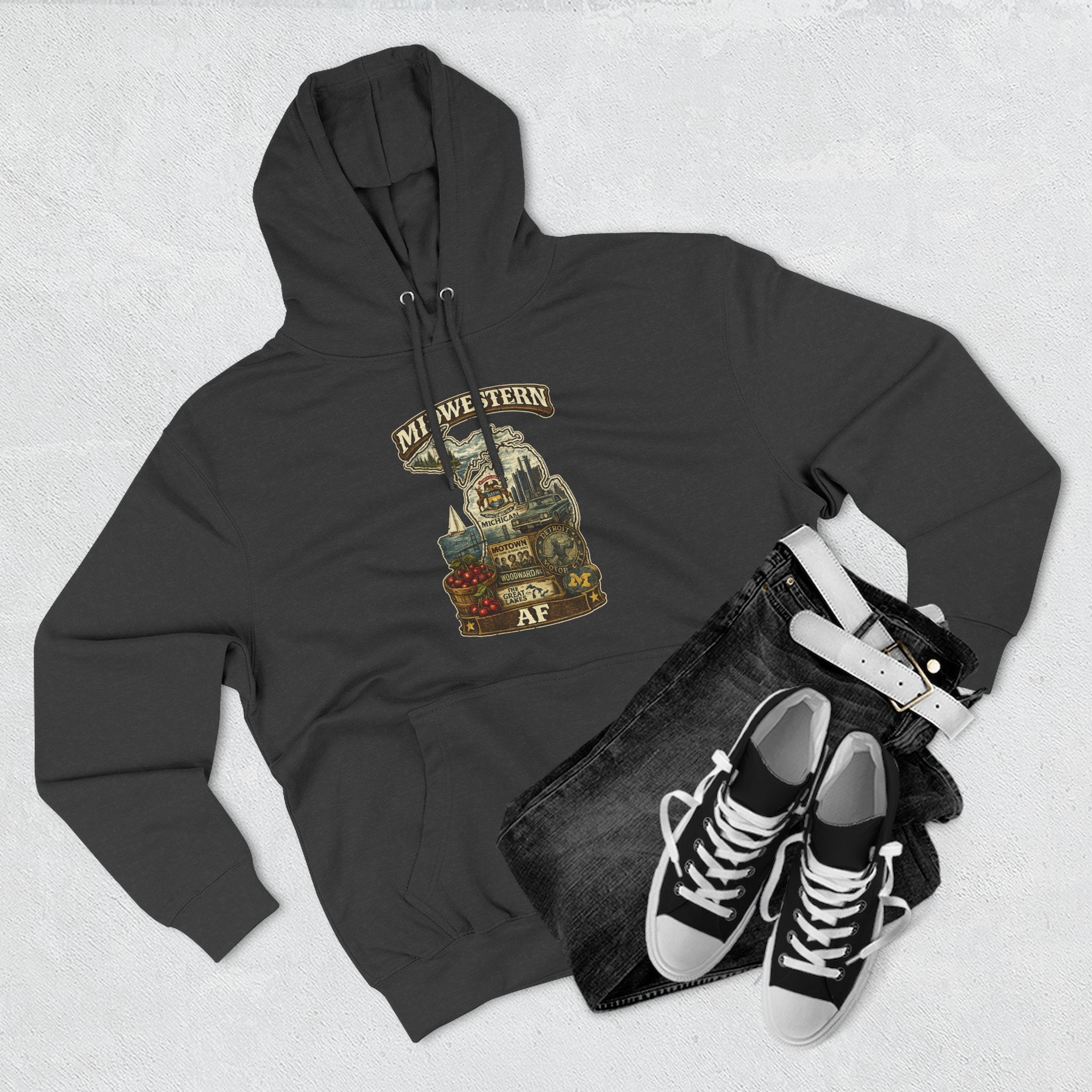 Family Friendly Midwestern AF Michigan Hoodie – product photo 15 featuring a distressed vintage design featuring Michigan's Upper and Lower Peninsulas overlaid with the state outline, surrounded by Detroit's skyline, Woodward Avenue, the Great Lakes, and Traverse City cherries