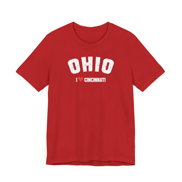 Red Personalized Ohio T-Shirt laid flat with the white retro varsity OHIO print and a custom line below
