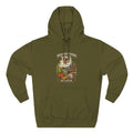 Midwestern As Fuck Illinois Hoodie in Army Green – a distressed vintage design featuring the Illinois state outline overlaid with the state flag, surrounded by the Chicago skyline, the Chicago Theatre sign, The Bean, deep-dish pizza, a Chicago-style hot dog, and towering corn fields
