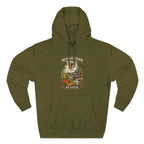 Midwestern As Fuck Illinois Hoodie in Army Green – a distressed vintage design featuring the Illinois state outline overlaid with the state flag, surrounded by the Chicago skyline, the Chicago Theatre sign, The Bean, deep-dish pizza, a Chicago-style hot dog, and towering corn fields