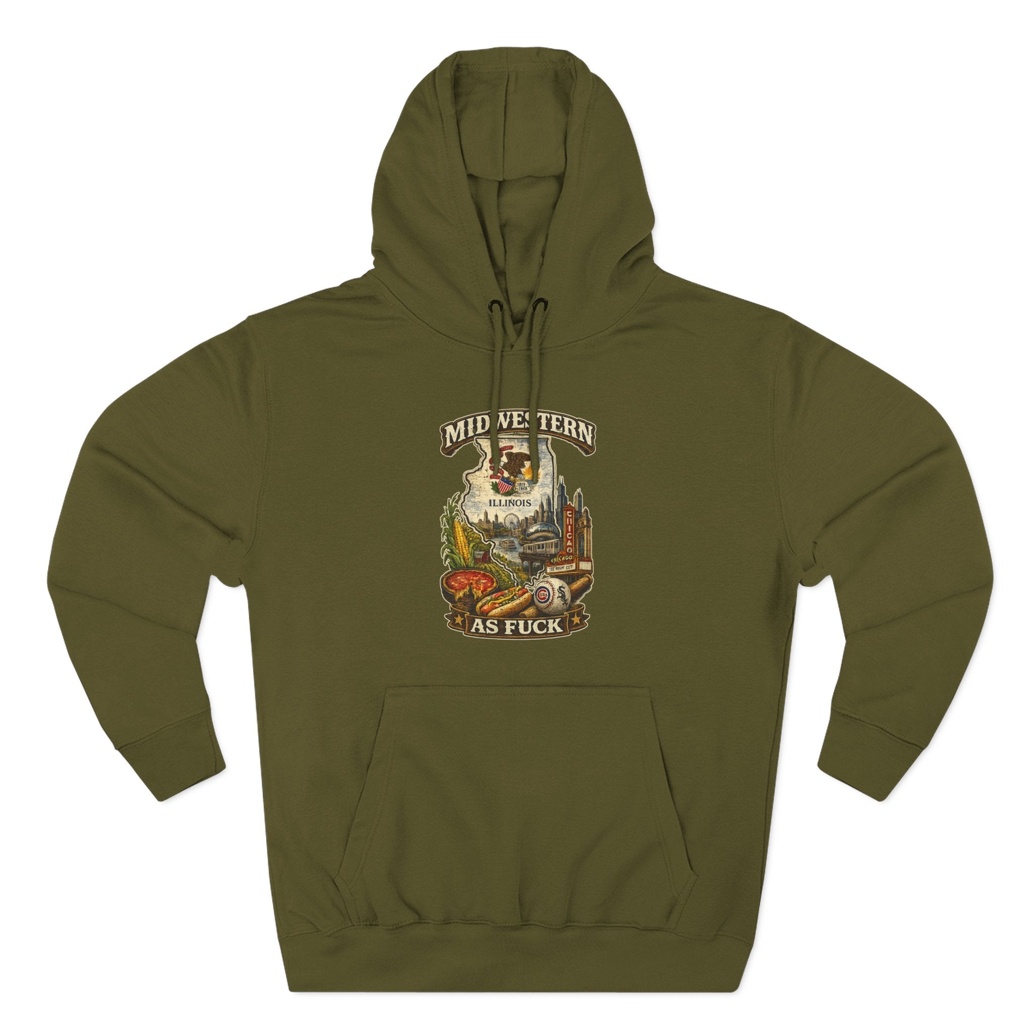 Midwestern As Fuck Illinois Hoodie in Army Green – a distressed vintage design featuring the Illinois state outline overlaid with the state flag, surrounded by the Chicago skyline, the Chicago Theatre sign, The Bean, deep-dish pizza, a Chicago-style hot dog, and towering corn fields