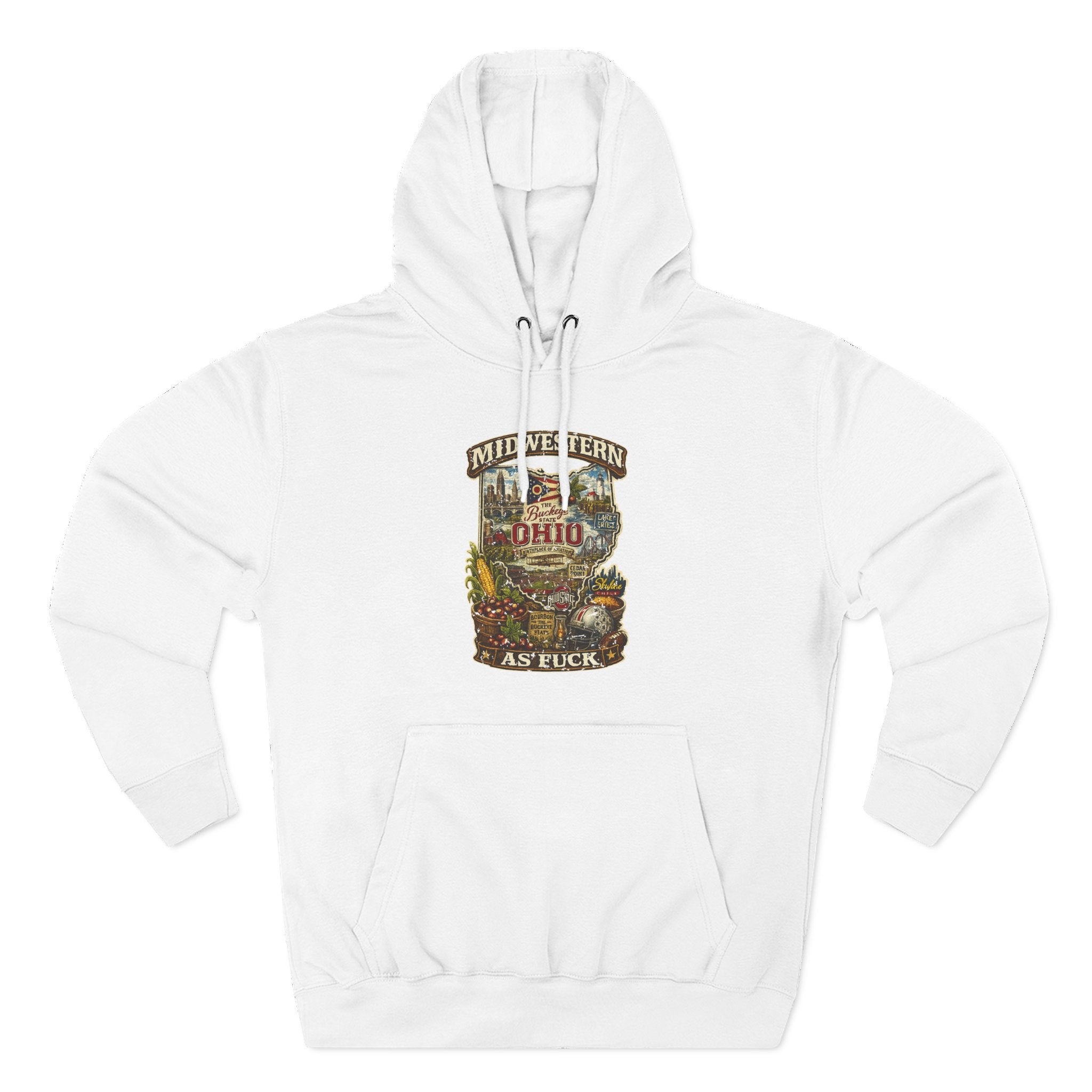 Ohio Midwestern As Fuck hoodie in white laid flat, vintage Buckeye State Ohio graphic pullover
