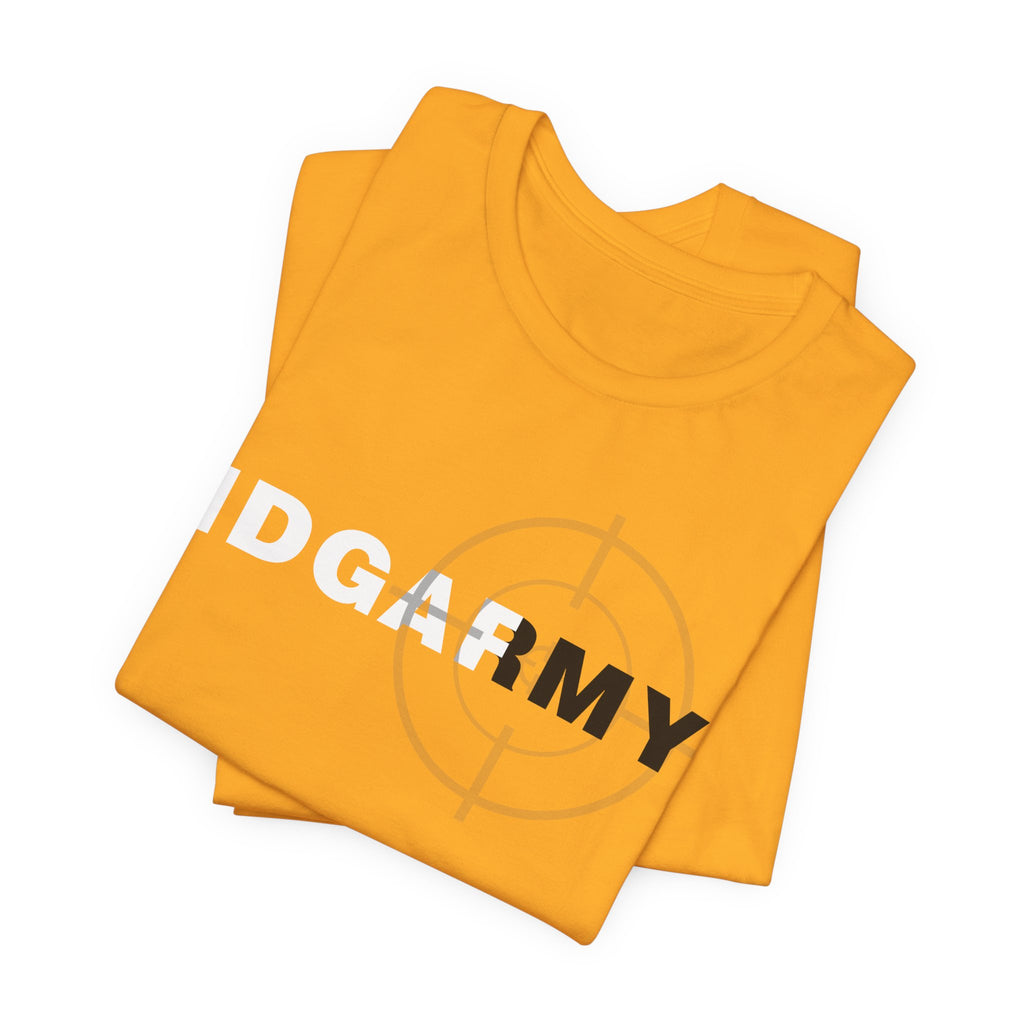 Gold IDGAF Army tee folded at an angle with the front lettering across the fold