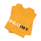 Gold IDGAF Army tee folded at an angle with the front lettering across the fold