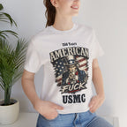 White tee worn by model, close-up, Uncle Sam graphic with "250 Years American As Fuck, USMC" text