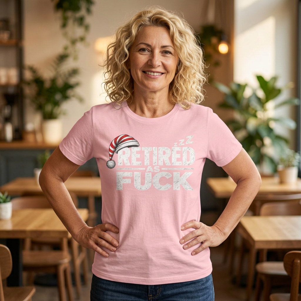 Woman wearing the pink Retired As Fuck tee standing in a plant-filled cafe, hands on hips