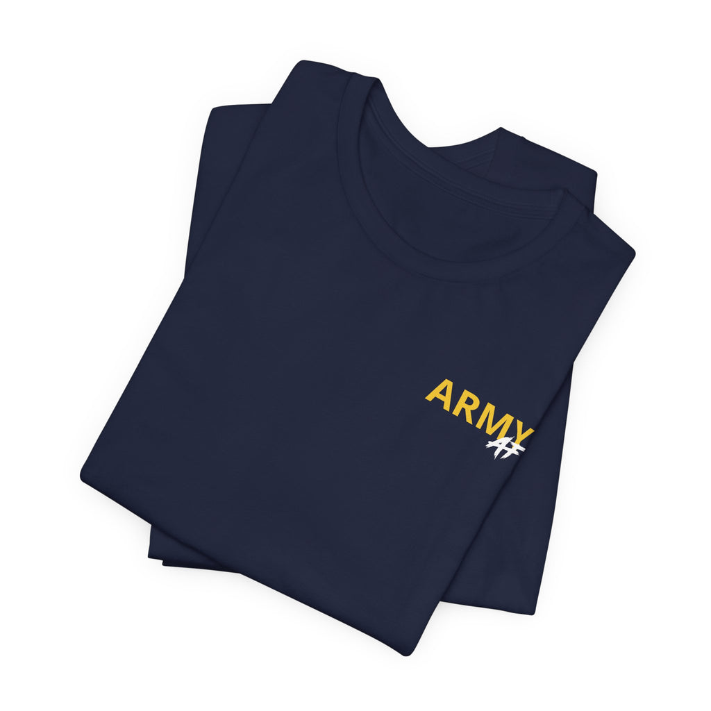 Army veteran T-shirt in Navy shown folded with the personalized gold ARMY chest print