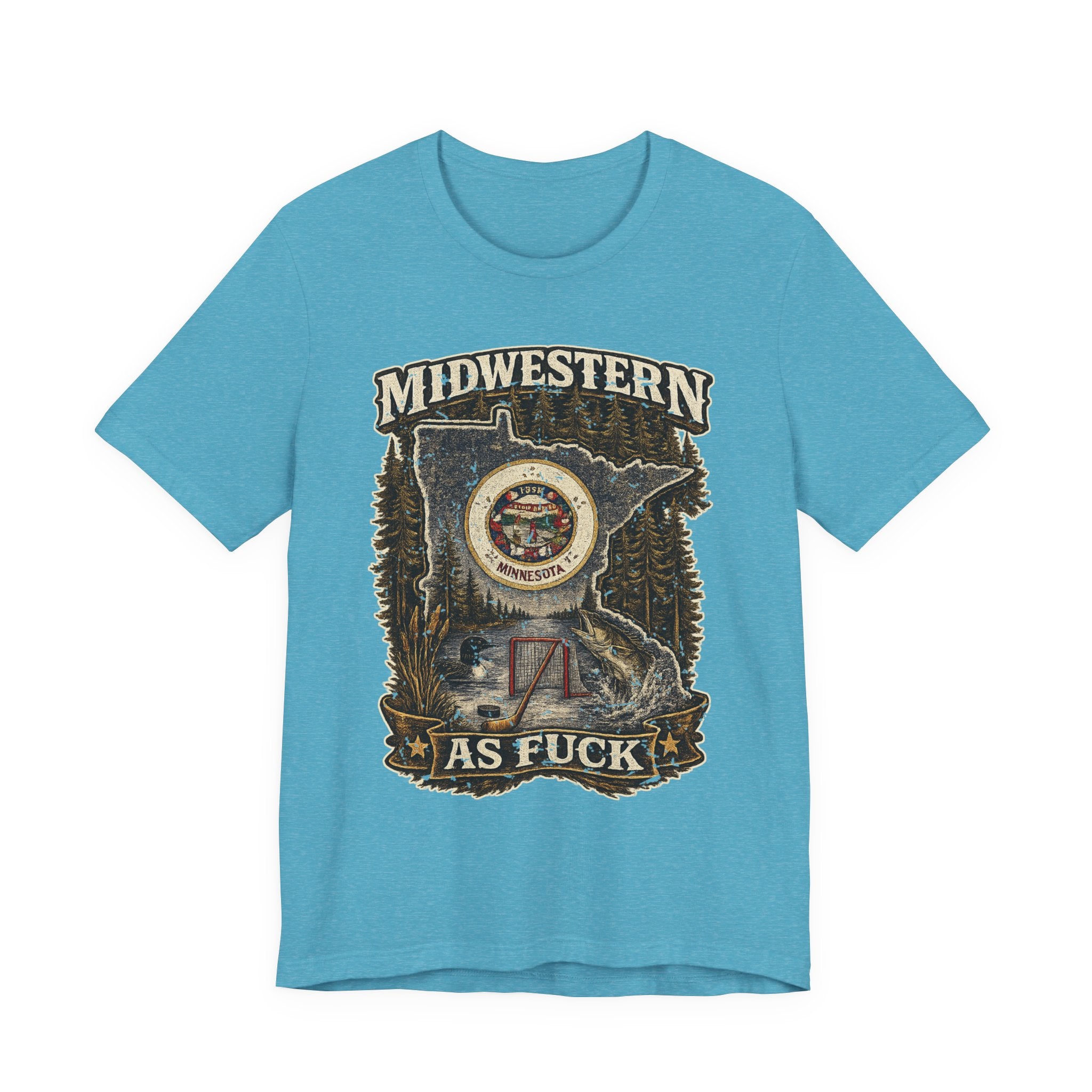 No Filter Midwestern As Fuck Minnesota T-Shirt in Heather Aqua – distressed Minnesota state flag design with pine trees, loon and walleye