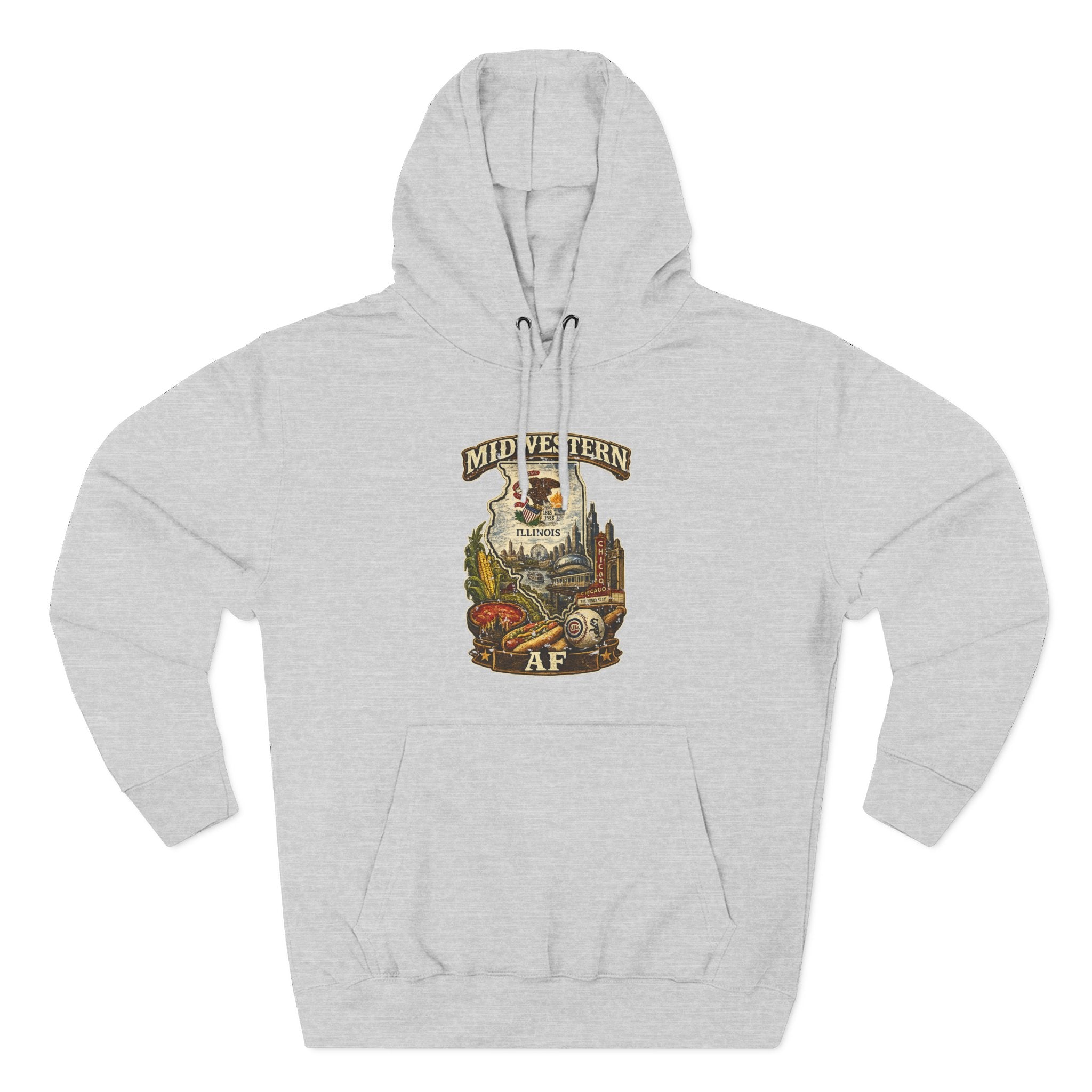 Family Friendly Midwestern AF Illinois Hoodie in Heather Grey – a distressed vintage design featuring the Illinois state outline overlaid with the state flag, surrounded by the Chicago skyline, the Chicago Theatre sign, The Bean, deep-dish pizza, a Chicago-style hot dog, and towering corn fields
