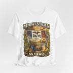 Slightly Salty Midwestern As F**K Iowa T-Shirt – product photo 22 featuring a distressed vintage design featuring the outline of Iowa overlaid with the Iowa state flag, surrounded by towering corn stalks, rolling farmland, a classic red barn, a windmill, a tractor, and an overflowing harvest basket