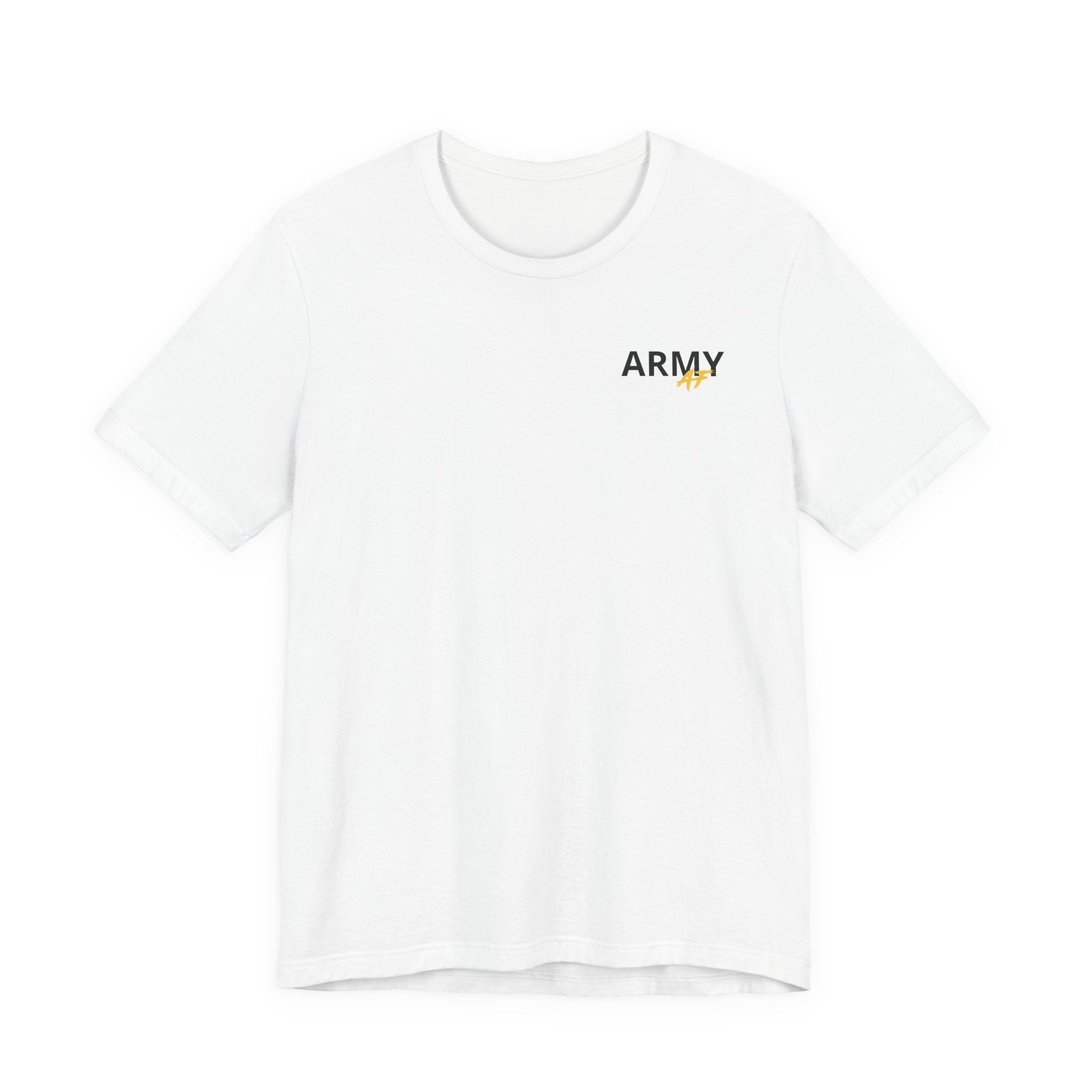 Army veteran T-shirt in White laid flat with the personalized ARMY left-chest print