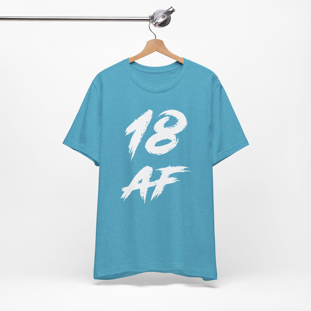 Heather Aqua birthday tee hanging on a hanger, white 18 AF graphic facing front