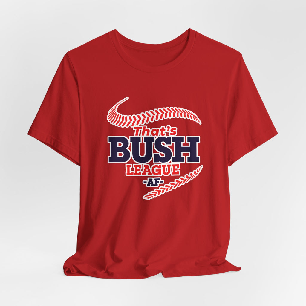 Red Bush League AF tee draped flat, the full front graphic in navy and white