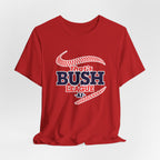 Red Bush League AF tee draped flat, the full front graphic in navy and white