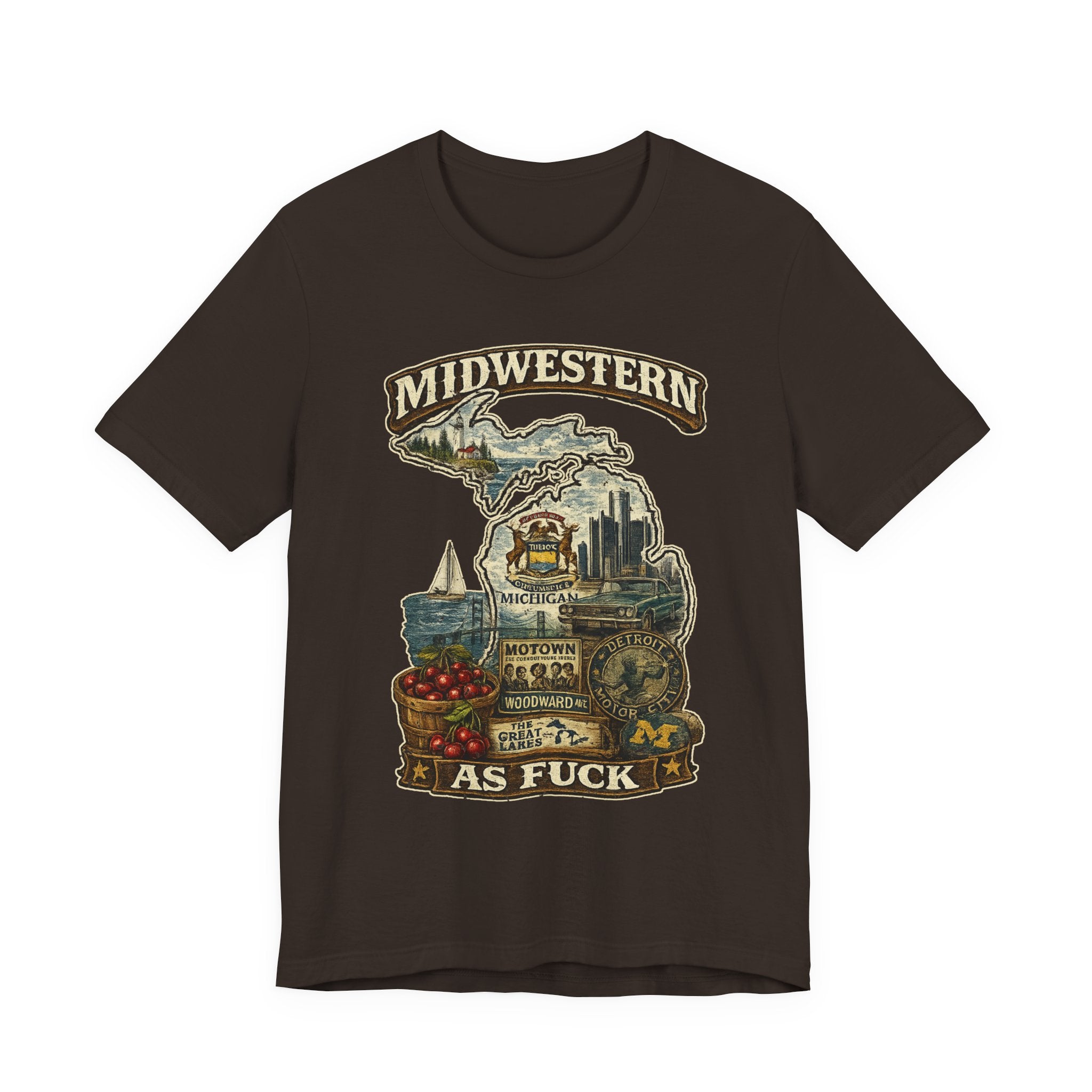 Midwestern As Fuck Michigan T-Shirt in Brown – a distressed vintage design featuring Michigan's Upper and Lower Peninsulas overlaid with the state outline, surrounded by Detroit's skyline, Woodward Avenue, the Great Lakes, and Traverse City cherries