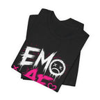 Black EMO AF tee folded, showing the distressed lettering and X-eye sad face