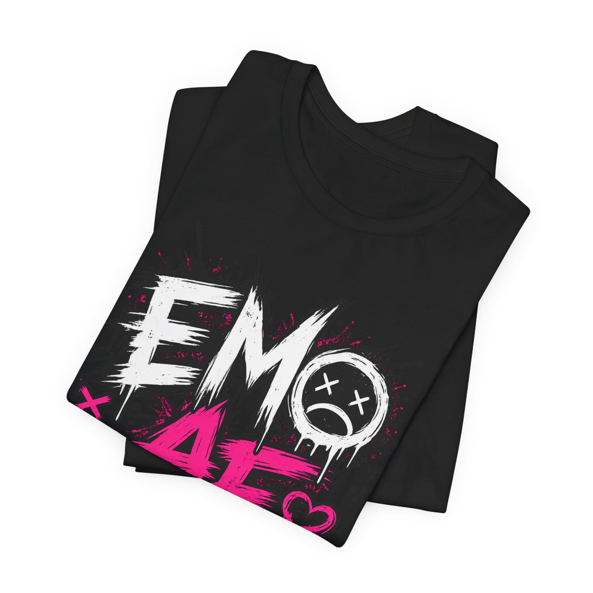 Black EMO AF tee folded, showing the distressed lettering and X-eye sad face