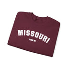 Maroon Missouri sweatshirt folded, showing white varsity MISSOURI lettering above SHOW ME