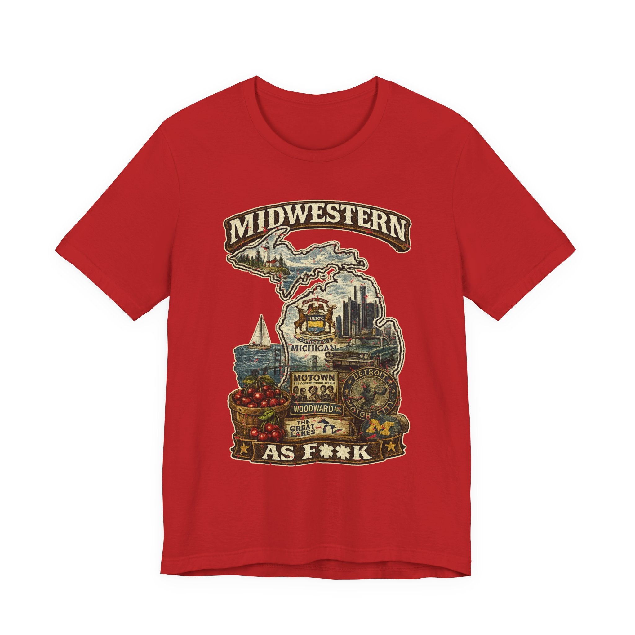 Slightly Salty Midwestern As F**K Michigan T-Shirt in Red – a distressed vintage design featuring Michigan's Upper and Lower Peninsulas overlaid with the state outline, surrounded by Detroit's skyline, Woodward Avenue, the Great Lakes, and Traverse City cherries