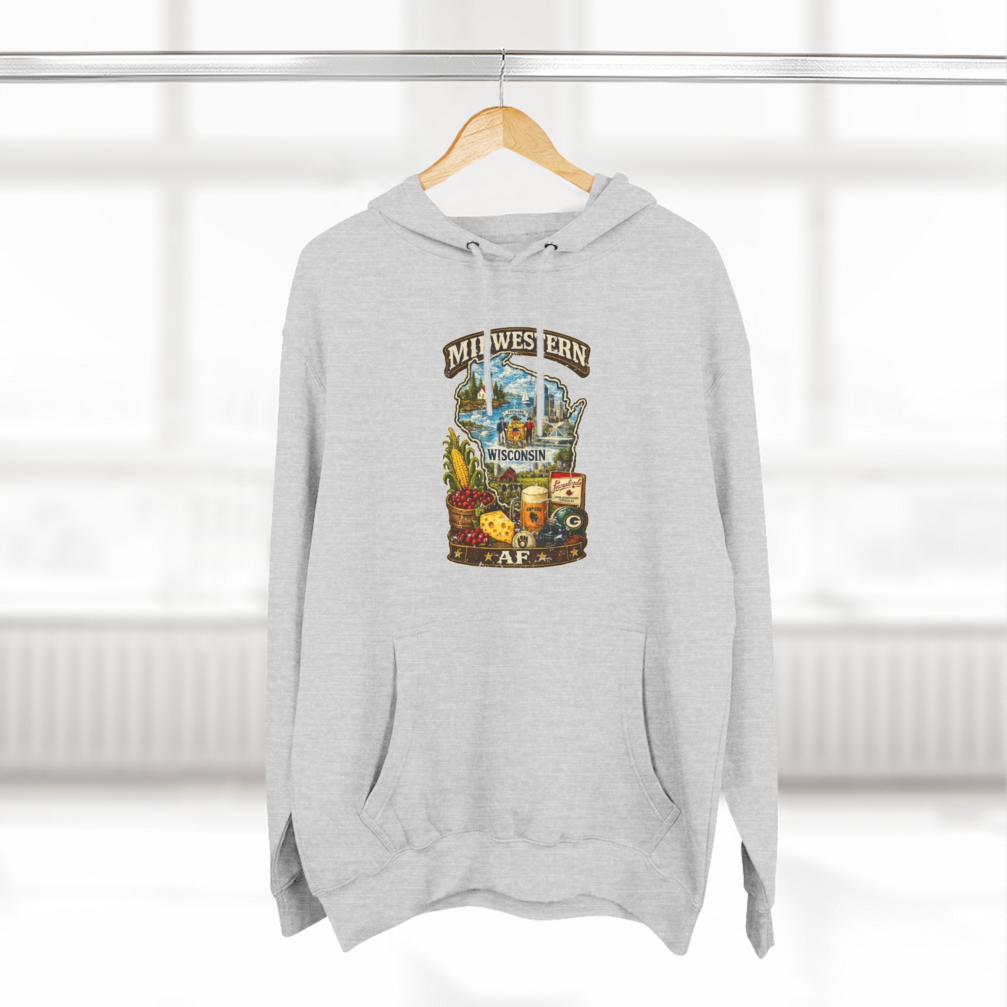Midwestern AF Wisconsin Hoodie | Funny Wisconsin Pride Hoodie | Lane Seven LS14001 3-Panel Fleece | Family Friendly Cheesehead State Hoodie