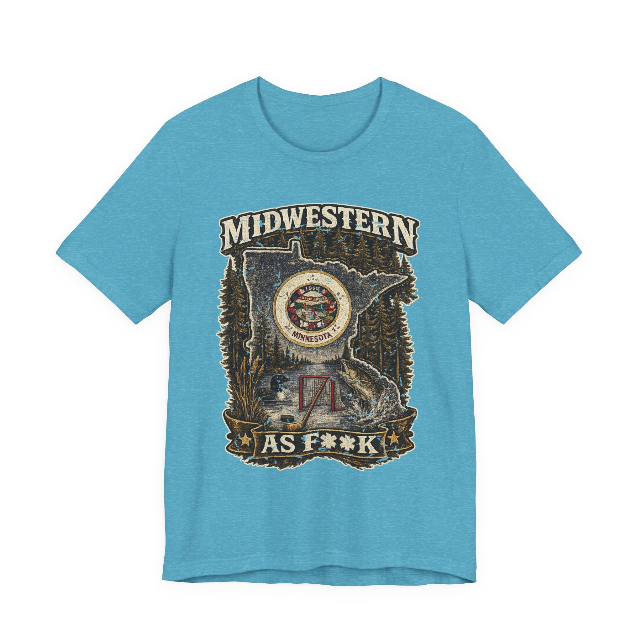 Slightly Salty Midwestern As F**K Minnesota T-Shirt in Heather Aqua – distressed Minnesota state flag design with pine trees, loon and walleye