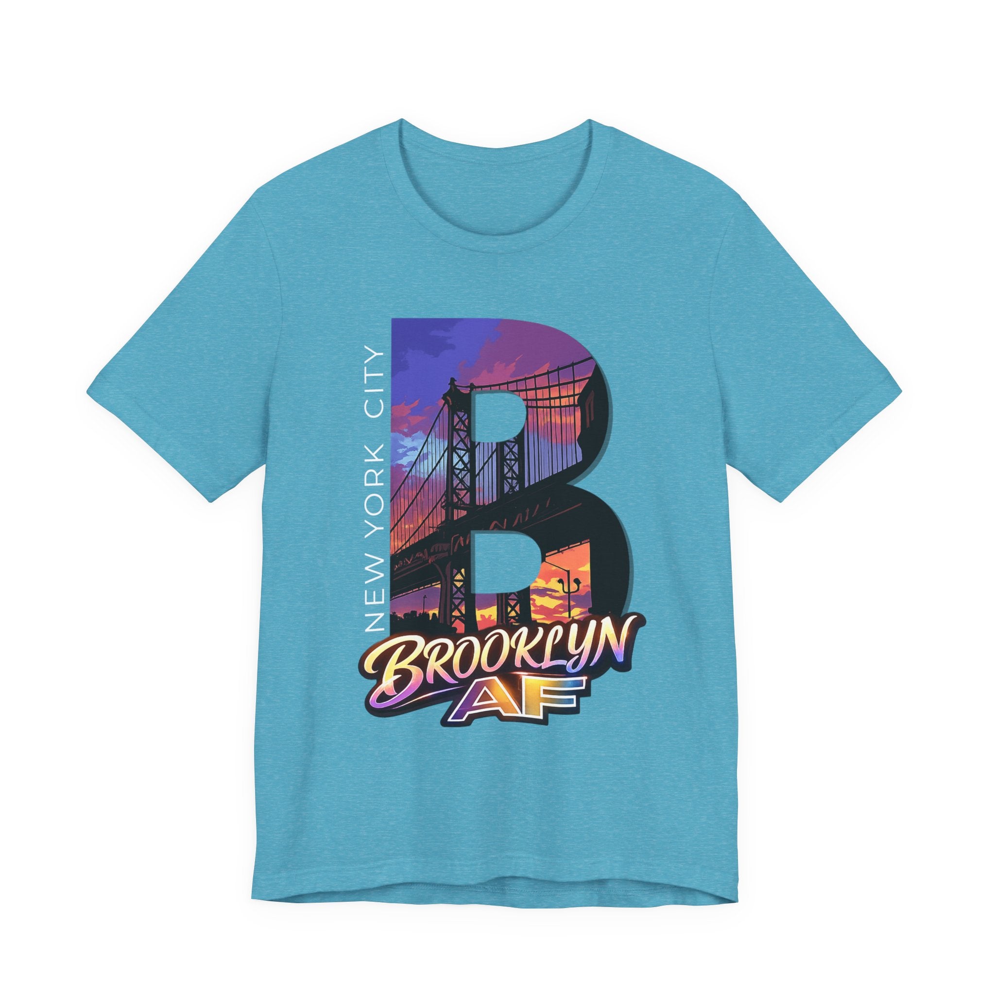 Heather aqua t-shirt, flat lay front view, with a bold B and a purple-orange Brooklyn Bridge sunset skyline graphic.