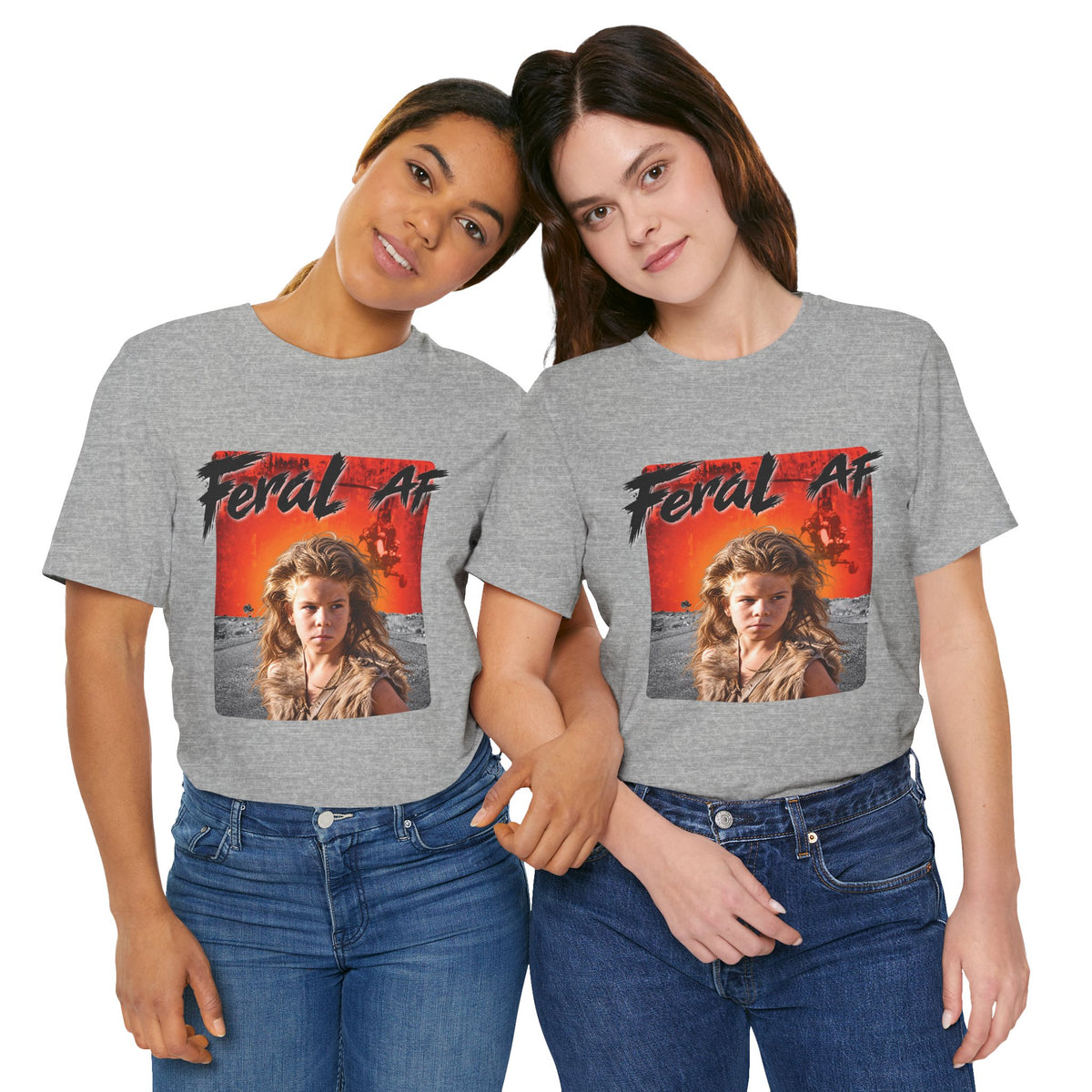 Two women modelling the Athletic Heather Feral AF tee side by side, both front prints visible