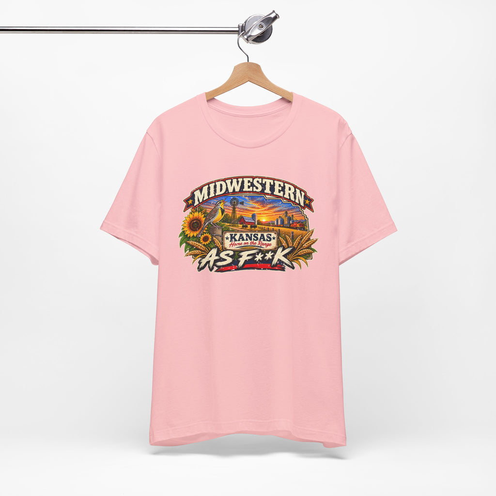 Pink Kansas As F**K T-shirt hanging on a wooden hanger