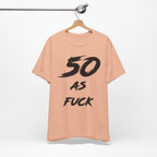 Heather Peach birthday tee on a wooden hanger showing the black front print