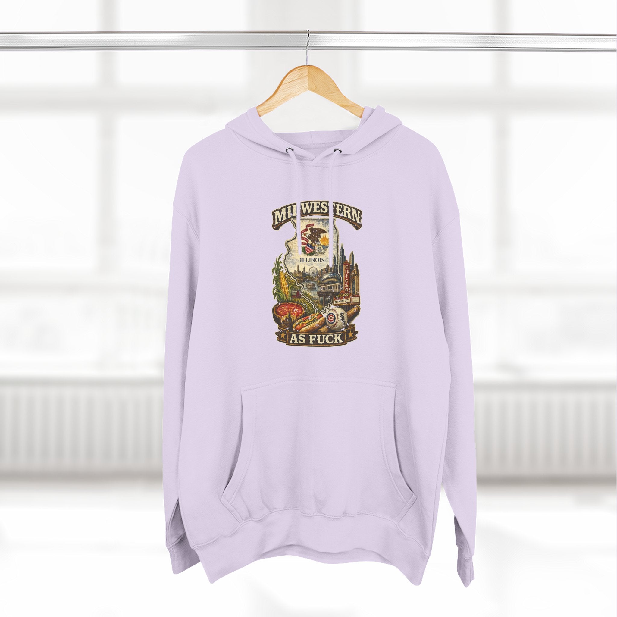 Midwestern As Fuck Illinois Hoodie – product photo 22 featuring a distressed vintage design featuring the Illinois state outline overlaid with the state flag, surrounded by the Chicago skyline, the Chicago Theatre sign, The Bean, deep-dish pizza, a Chicago-style hot dog, and towering corn fields