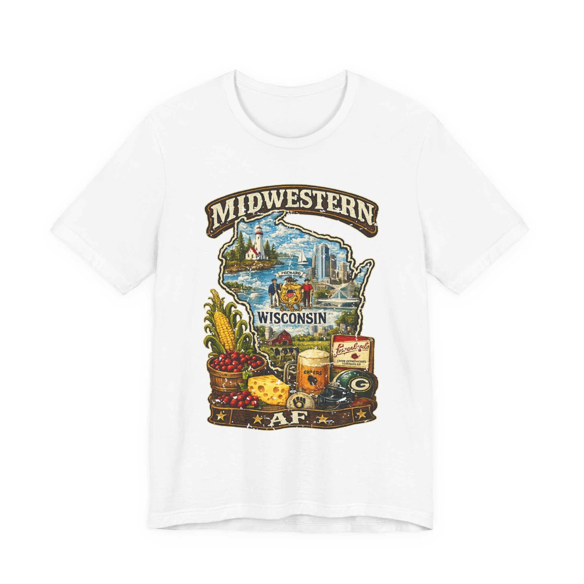 White Midwestern AF Wisconsin T-Shirt, family friendly Cheesehead State pride tee